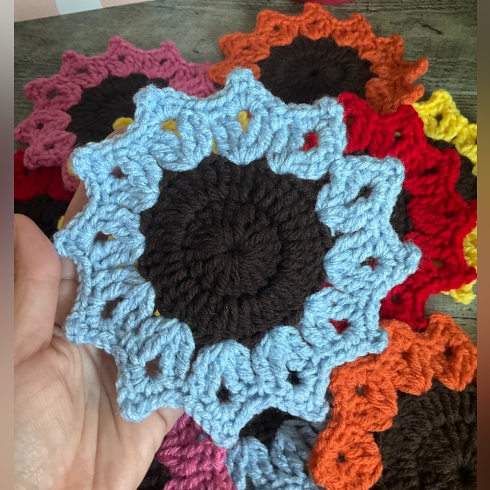 Sunflower Handmade Crochet Coasters 4 Pack - Blue